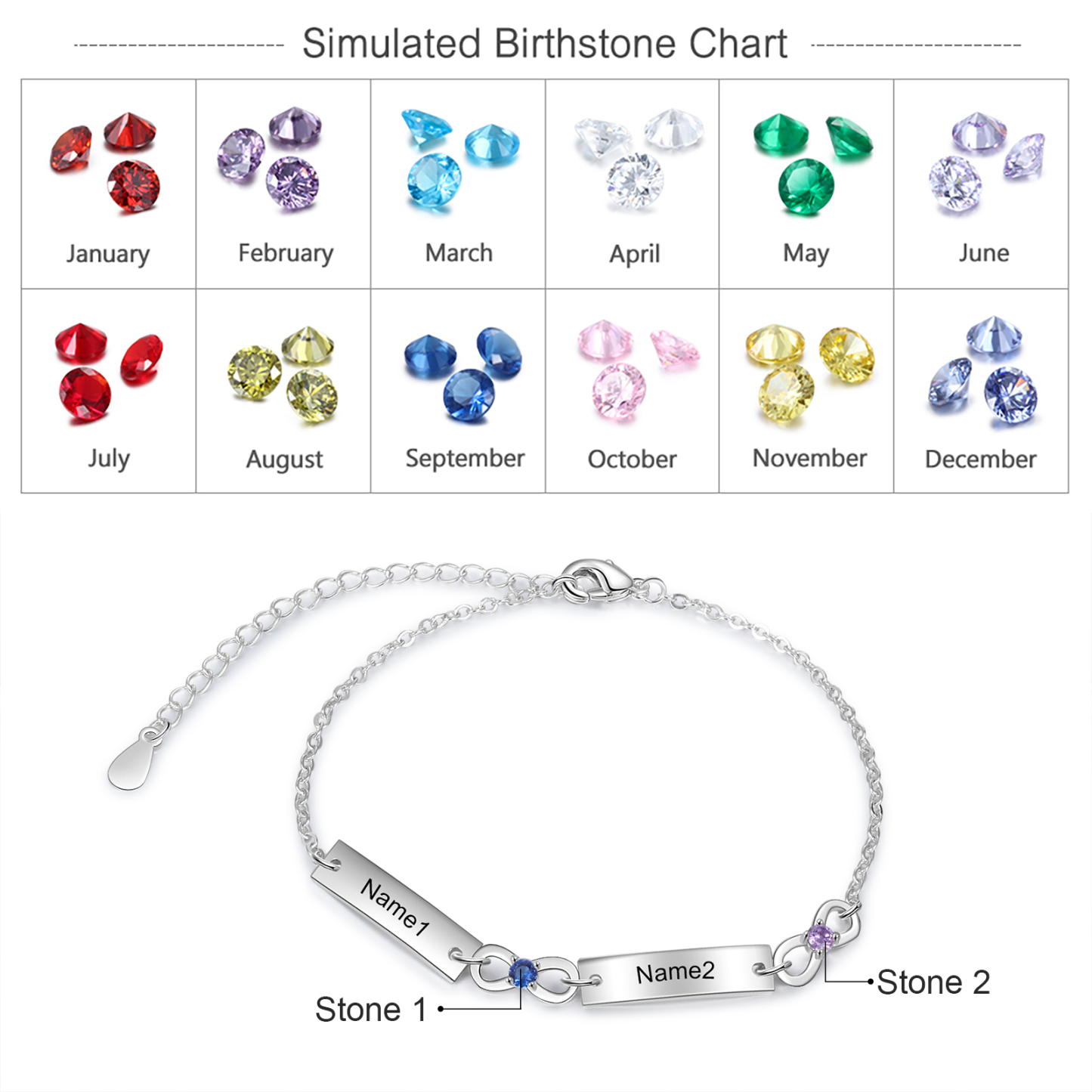 Bracelet infini 2 Prénoms Personnalisé avec 2 Pierres de Naissance