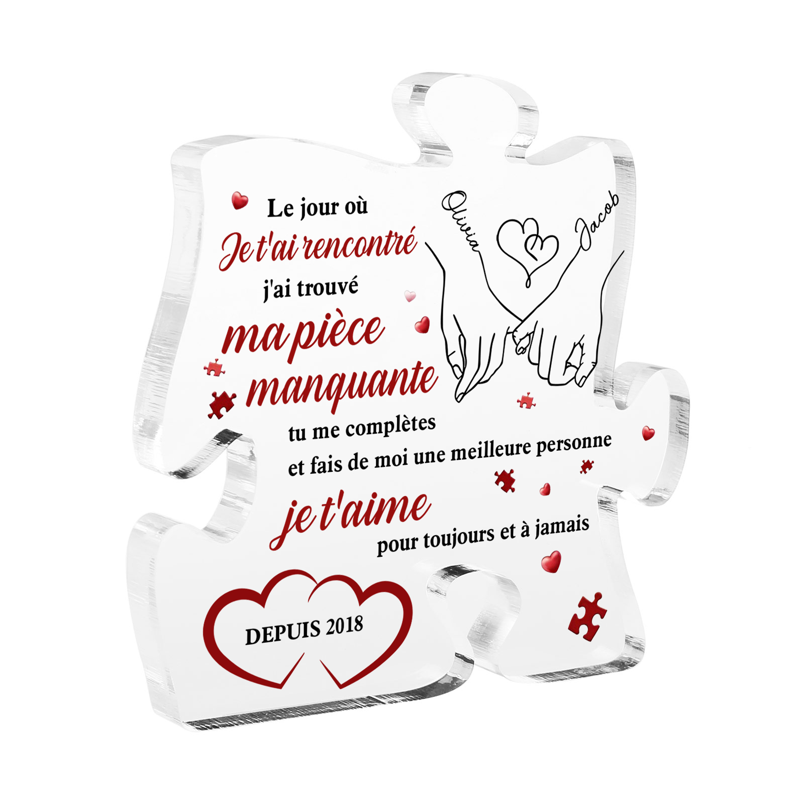 Plaque Acrylique en forme de Puzzle 2 Prénoms Personnalisés avec Date la Main dans la Main pour Couple