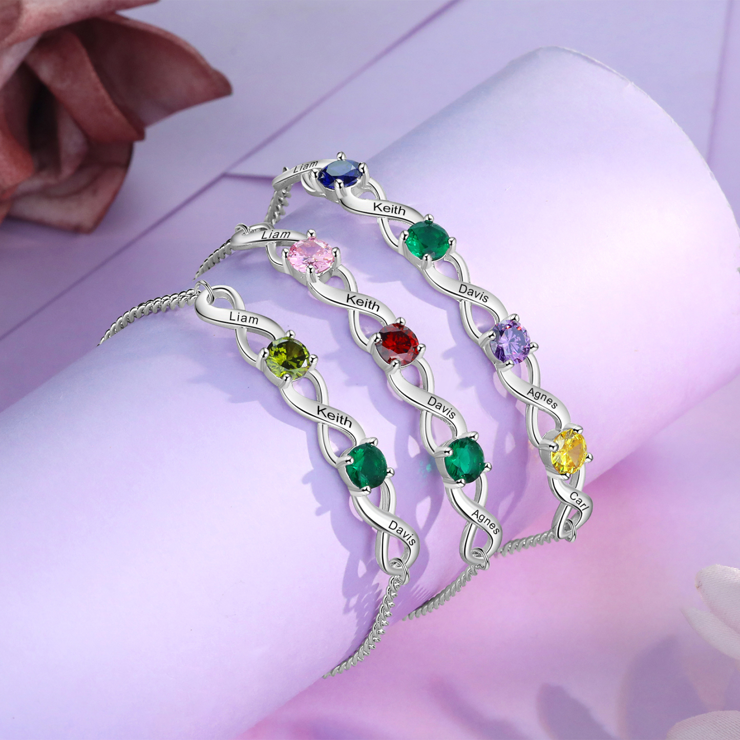Bracelet Infini 3 Prénoms Personnalisés avec 2 Pierres de Naissance pour Femme