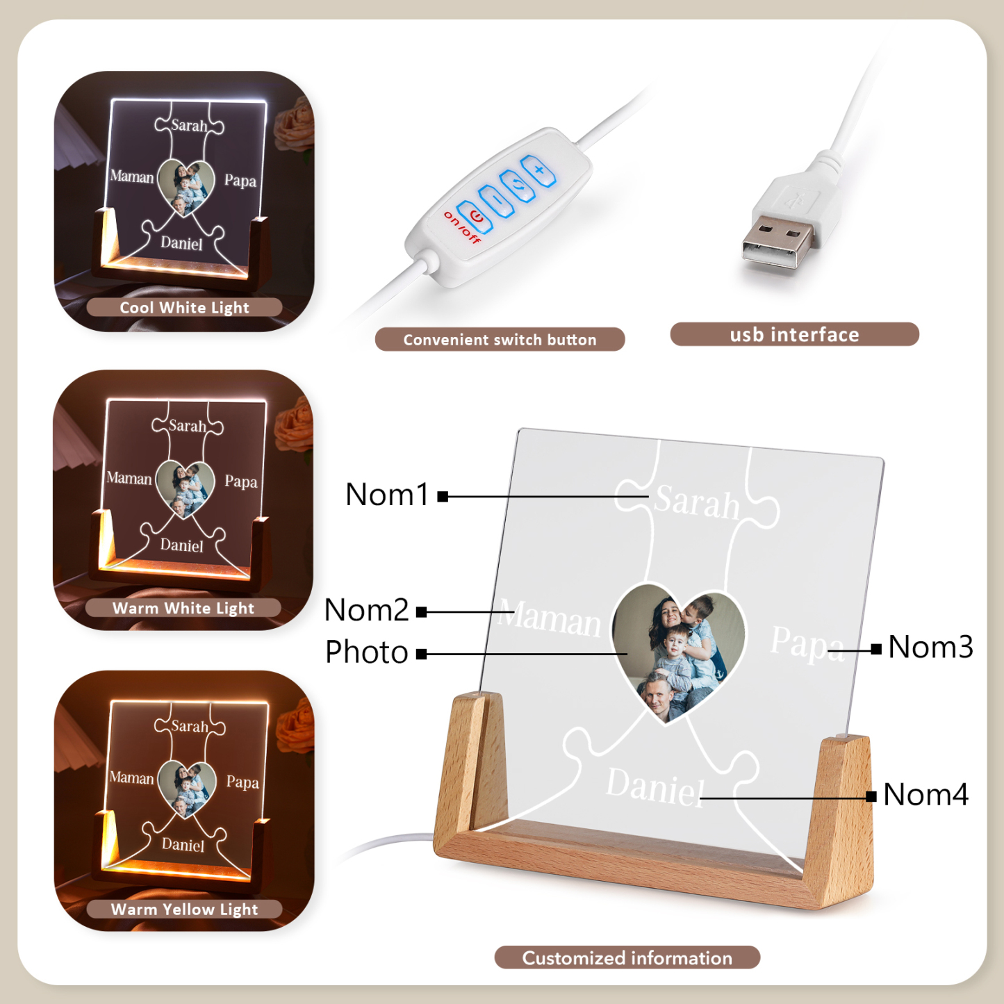 Lampe de chevet LED Puzzles 4 Prénoms Personnalisés avec Photo pour Famille