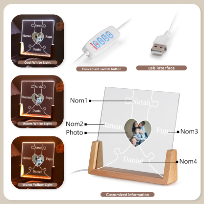 Lampe de chevet LED Puzzles 4 Prénoms Personnalisés avec Photo pour Famille