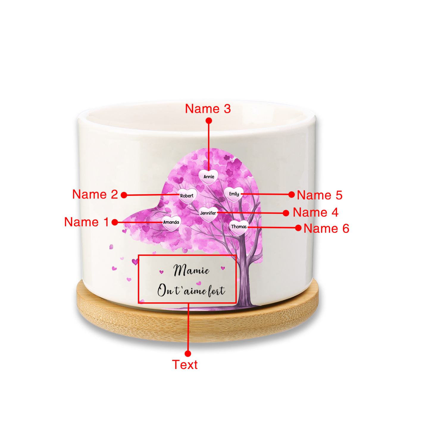 Vase/Pot de Fleurs Arbre 6 Prénoms et 1 Texte Personnalisés Décoration de la Maison (sans plantes)