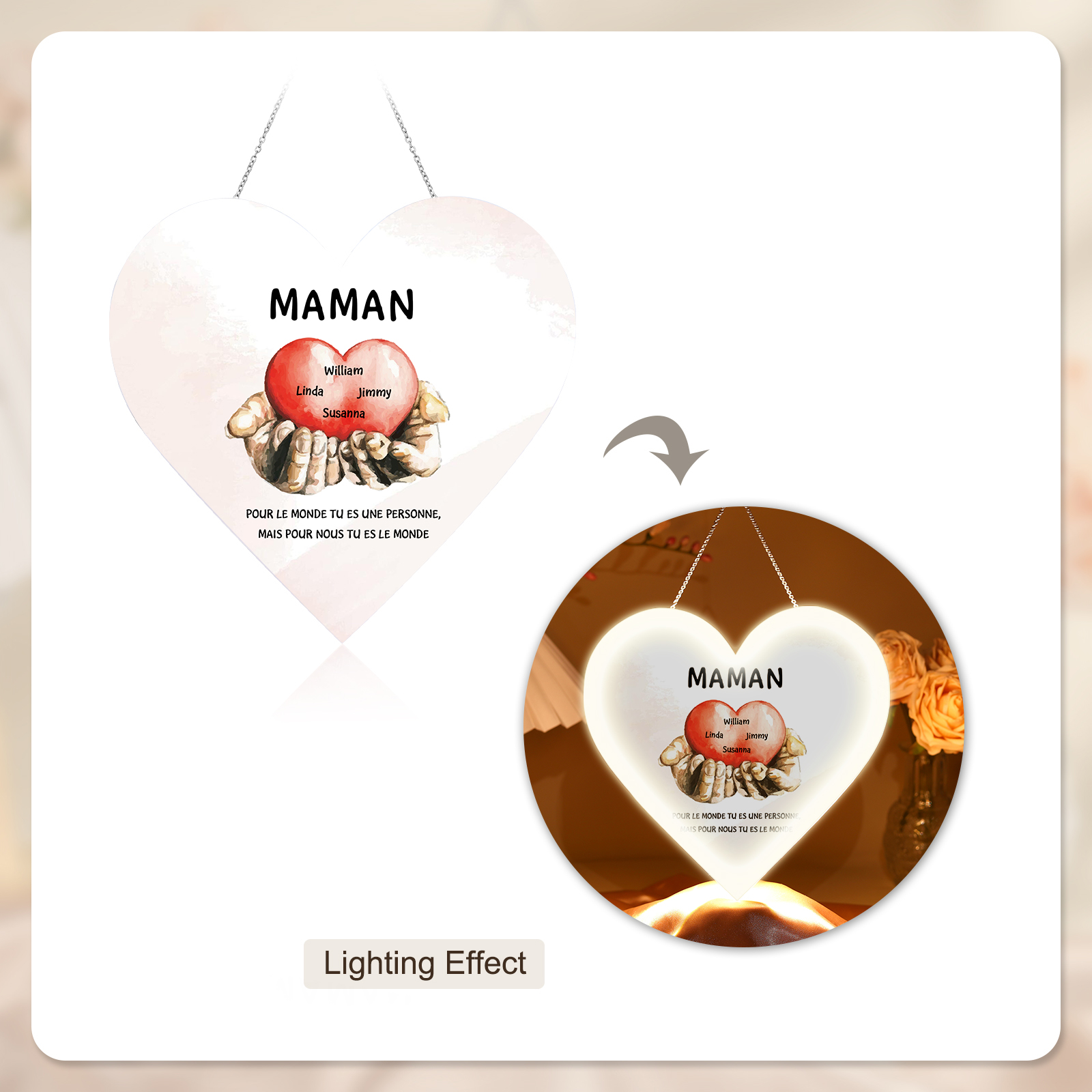 À Maman/Mamie - Veilleuse Cœur Décoration Mains et Cœur 4 Prénoms Personnalisés avec 2 Textes