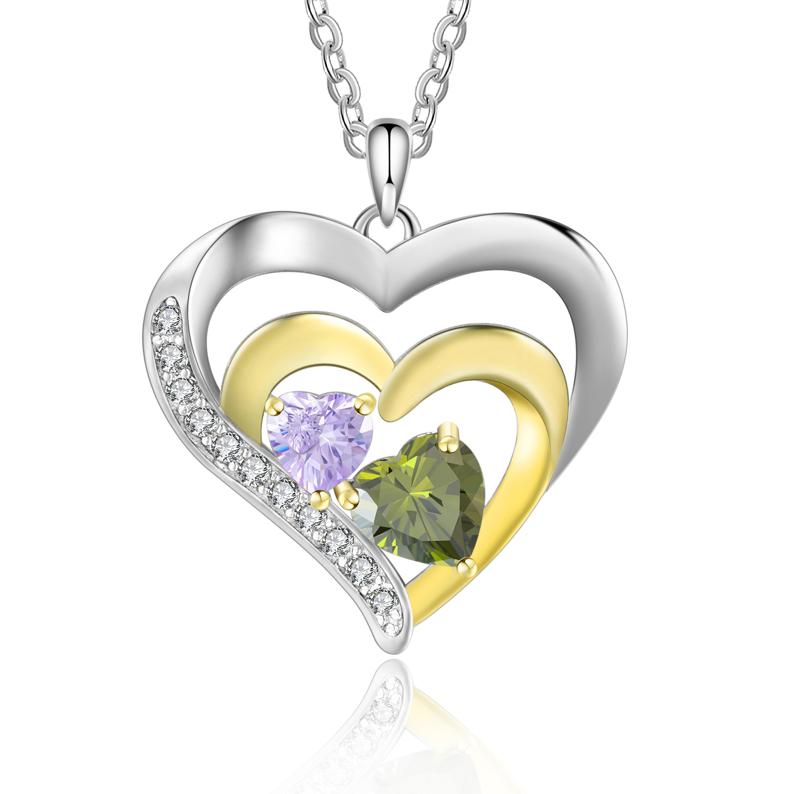 Collier Pendentif Cœur 2 Prénoms et 1 Texte Personnalisés avec Pierre de naissance pour Femmes