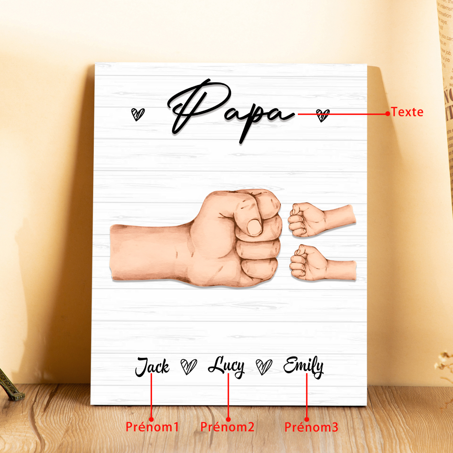 À Mon Papa/Papi-Cadre en Bois Poings 3 Prénoms Personnalisés avec Texte