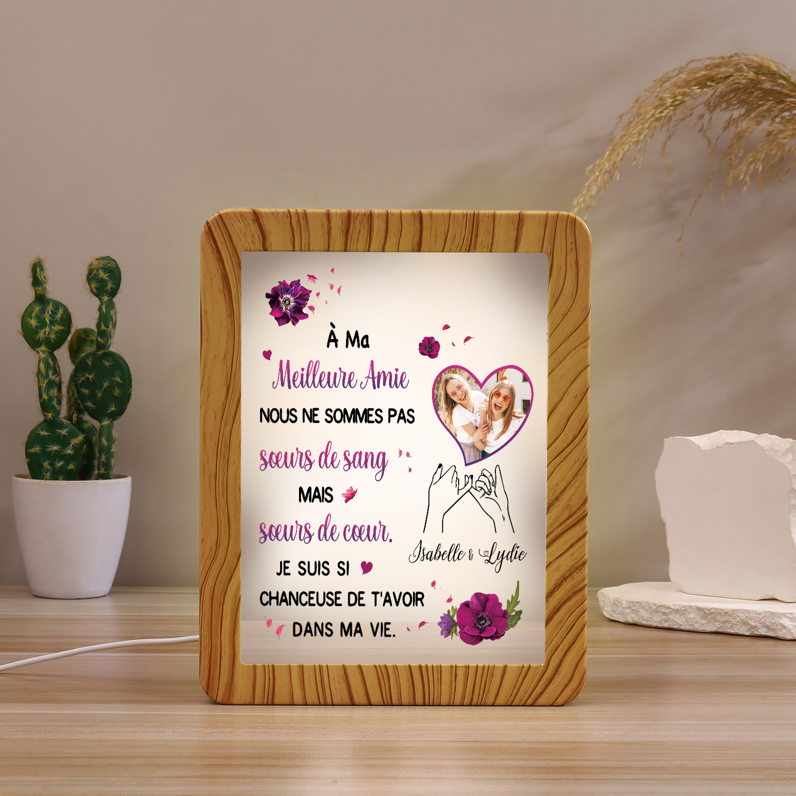 À ma Meilleure Amie - Cadre Photo/Miroir LED multifonctionnel 2 Prénoms Personnalisés avec 1 Photo