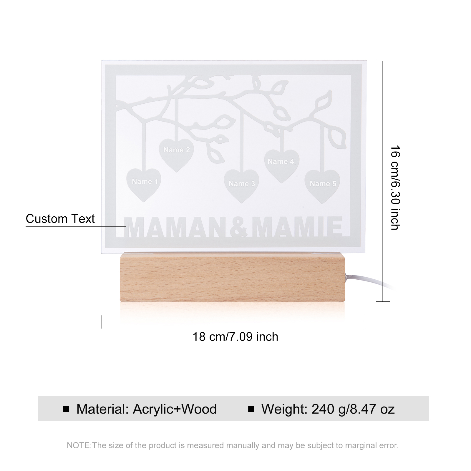 Lampe de chevet LED Arbre de vie Arbre généalogique 5 prénoms personnalisés avec texte | Jessemade