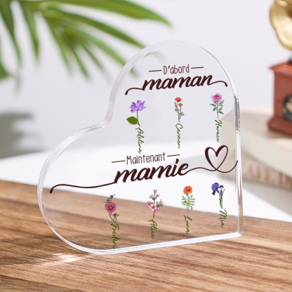 À ma Mamie - Plaque Acrylique en forme de Cœur 2-10 Prénoms Personnalisés avec Fleur de naissance