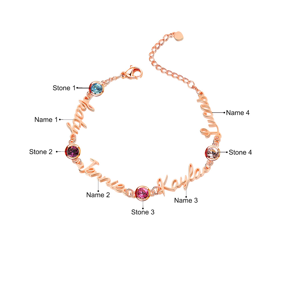 Bracelet Breloque 4 Prénom Personnalisé avec 4 Pierre de Naissance