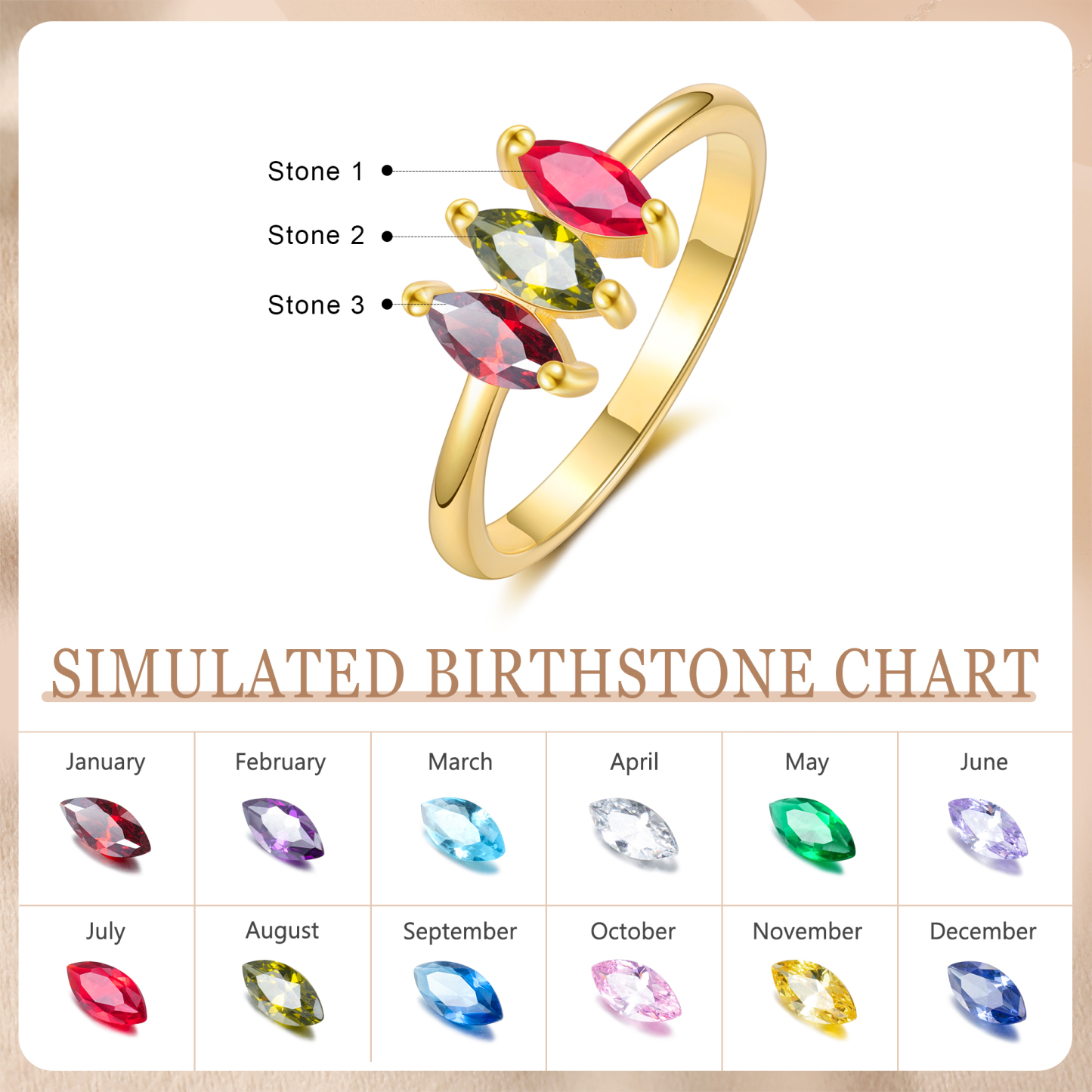 Bague Femmes 3 Pierres de Naissance Personnalisés