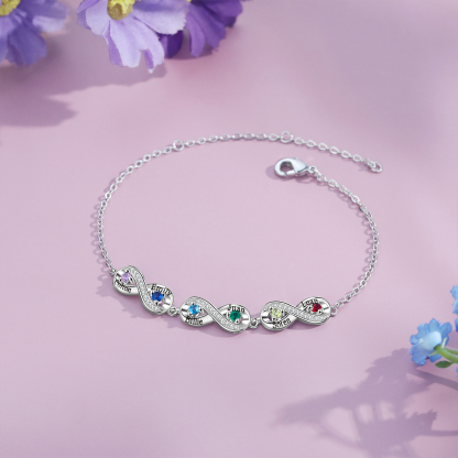 Bracelet Infini 6 Prénoms Personnalisé avec 6 Pierres de Naissance