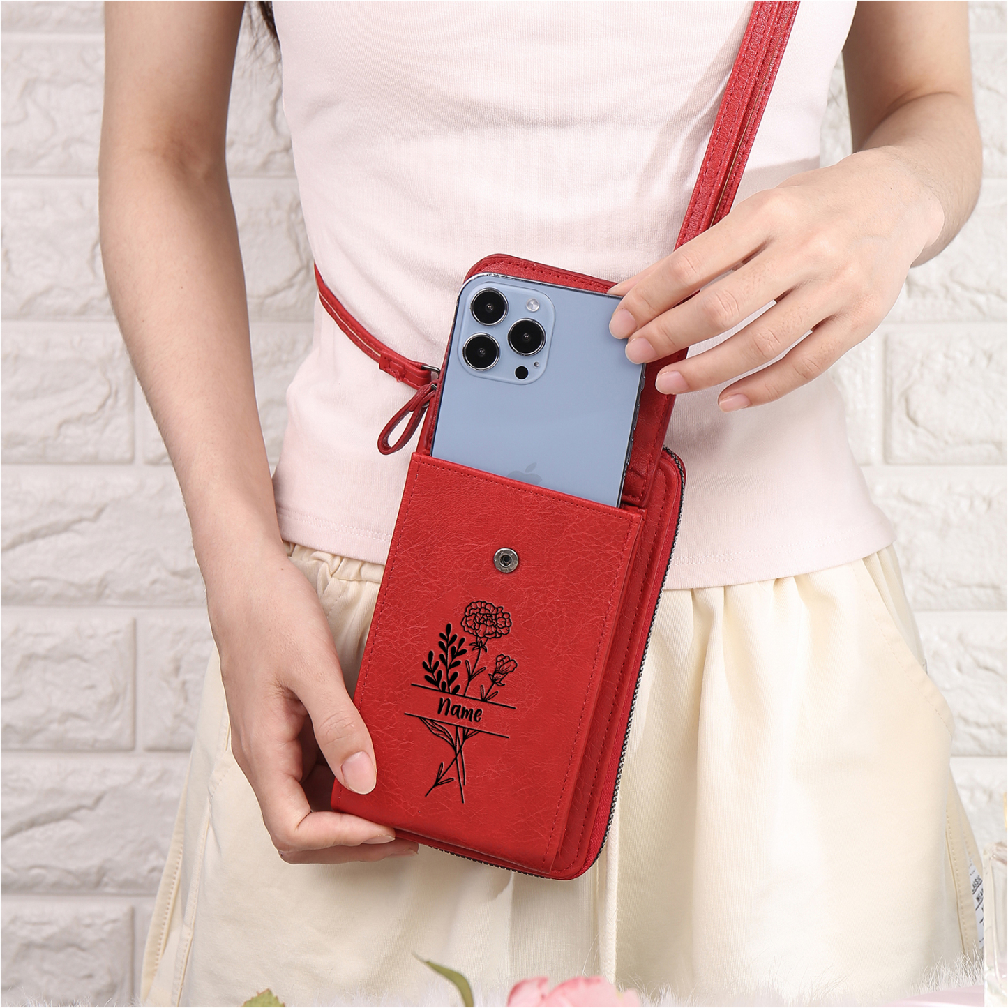 Portefeuille/Sac Bandoulière Femmes 1 Prénom et Fleur de Naissance Personnalisés