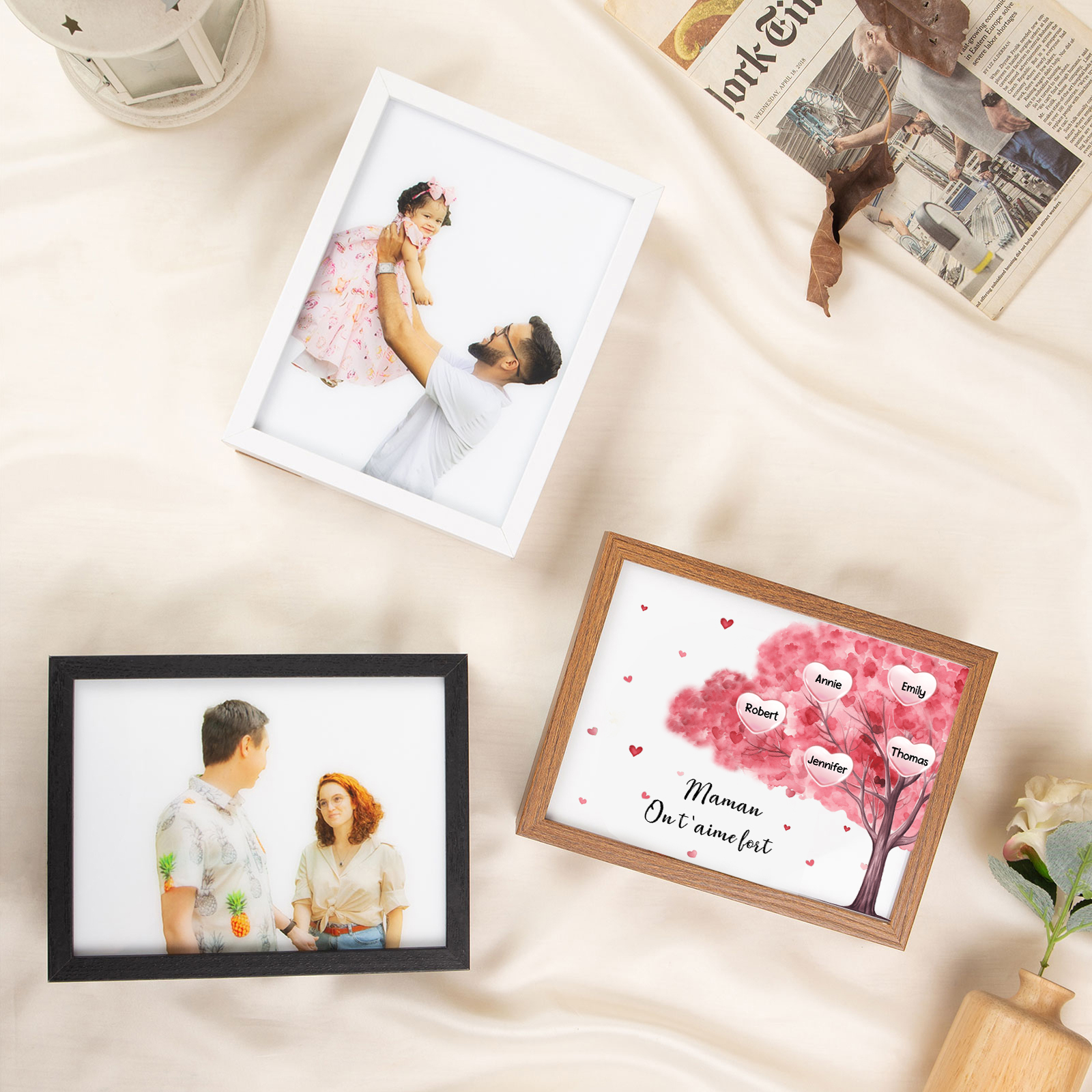 Cadre Photo LED Arbre 5 Prénoms Personnalisés avec 1 Texte Décoration Famille