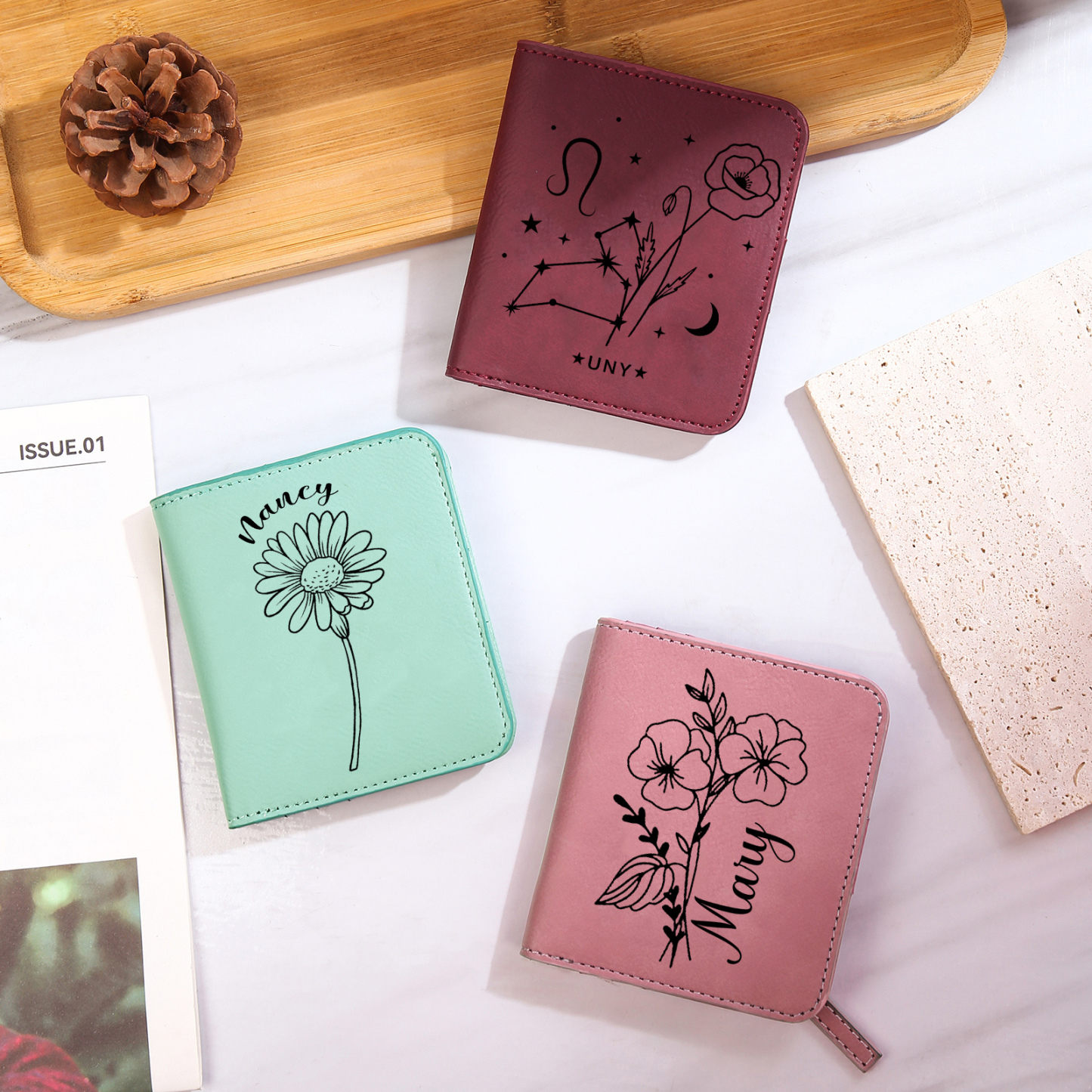 Portefeuille 1 Prénom et Texte Personnalisés avec Fleur de Naissance Porte-Monnaie Carte pour Femmes