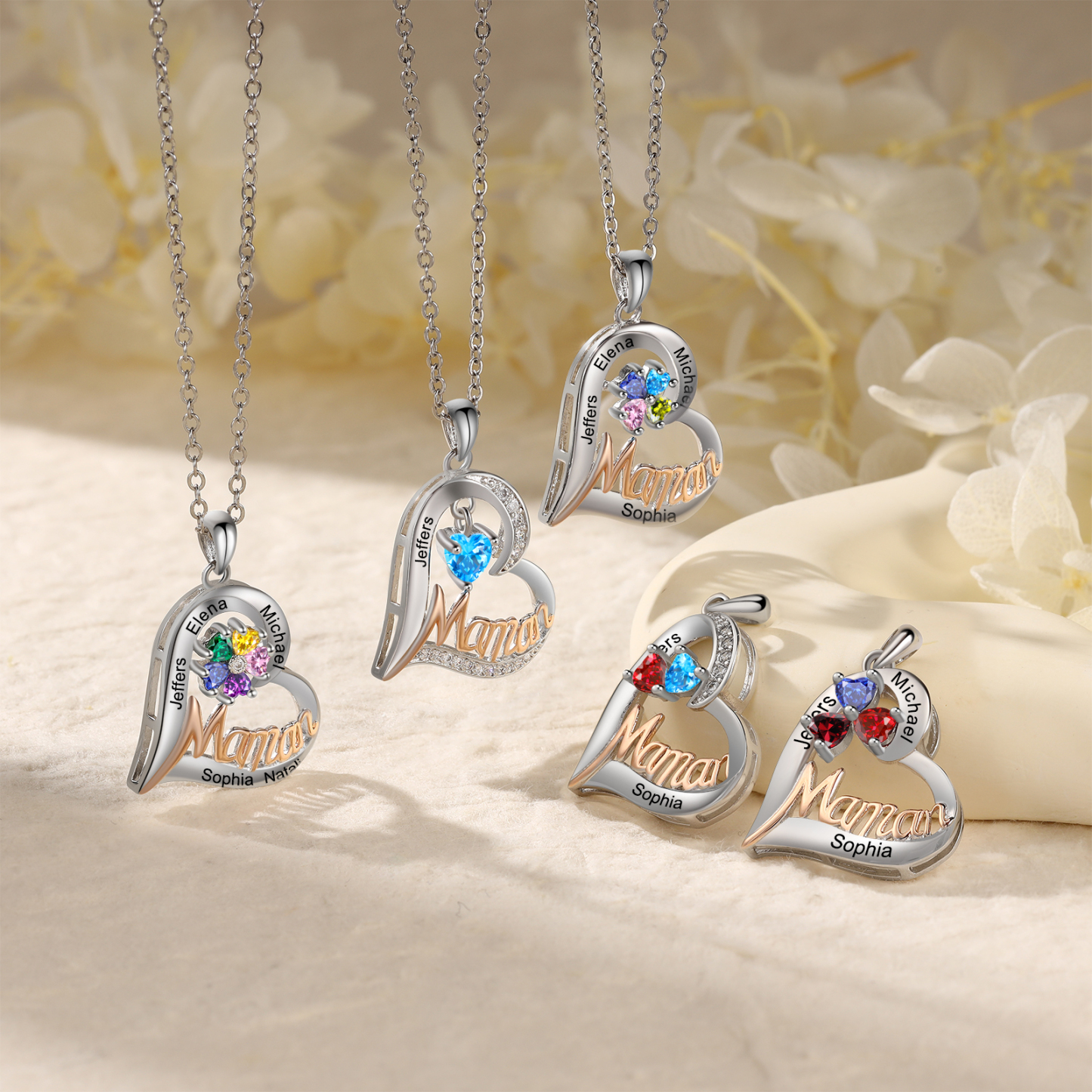 À Ma Maman-Collier Personnalisé Cœur avec 4 Prénoms et 4 Pierres de Naissance|Jessemade