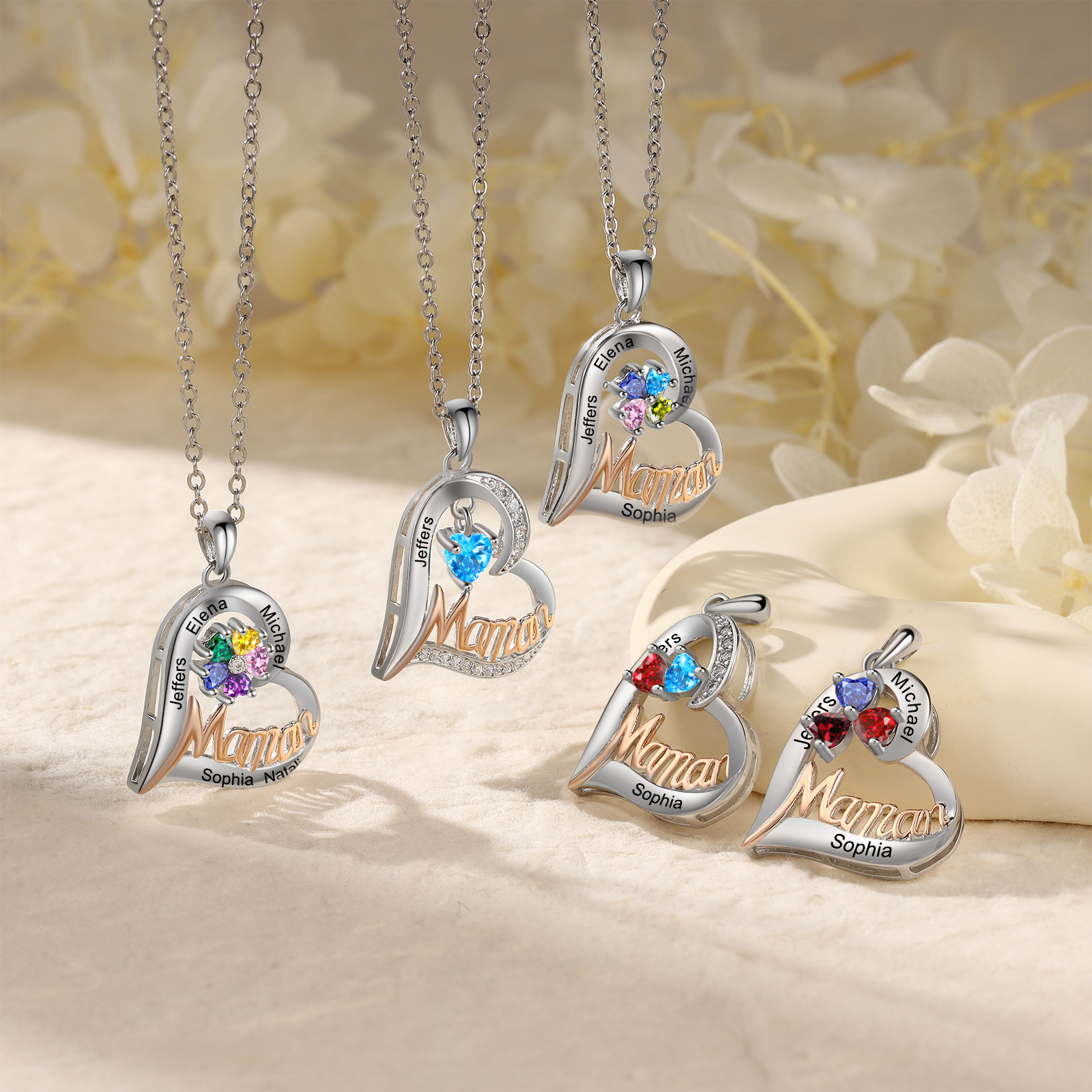 À Ma Maman-Collier Personnalisé Cœur avec 4 Prénoms et 4 Pierres de Naissance|Jessemade