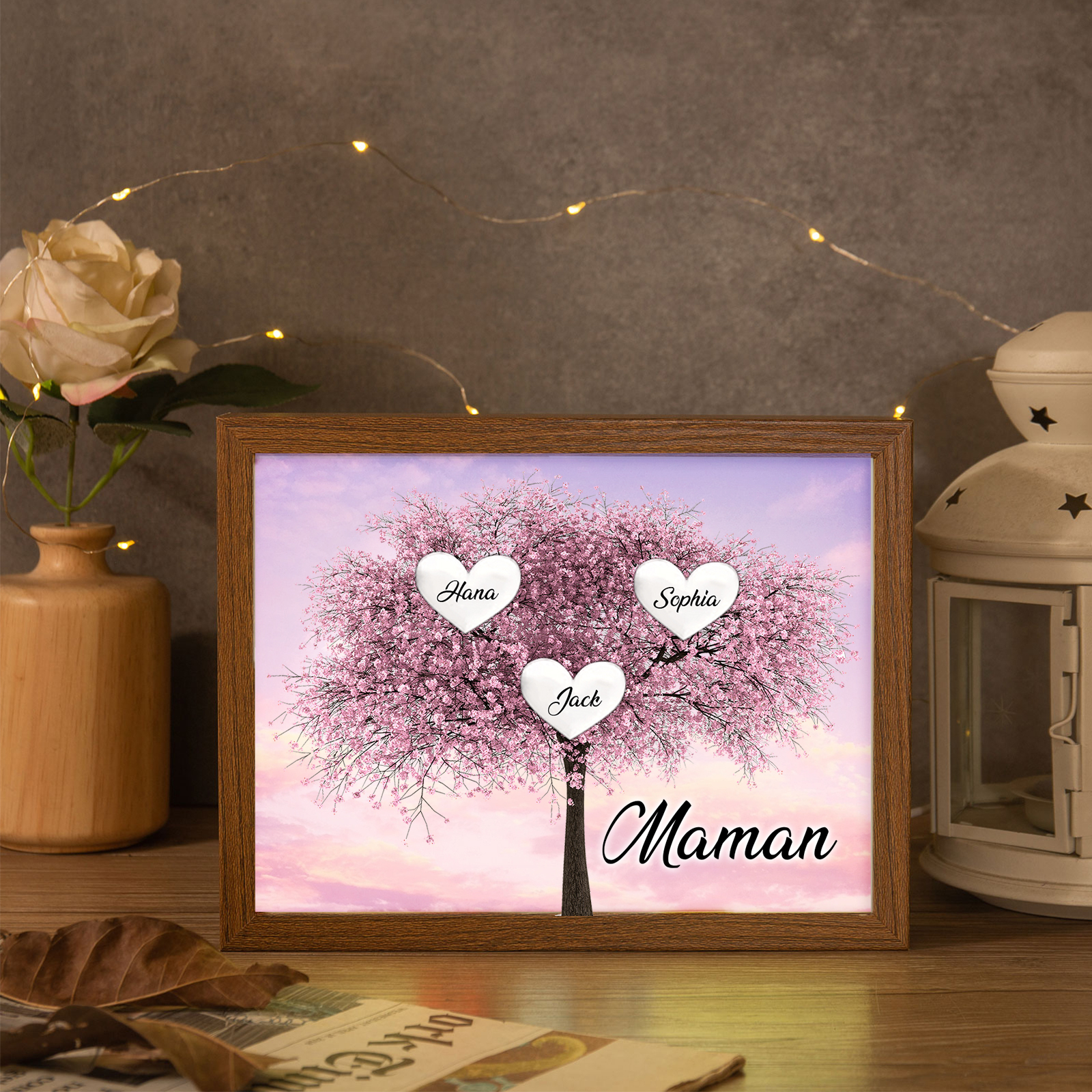 Cadre Photo LED Arbre de Vie 3 Prénoms et 1 Texte Personnalisé Décoration Famille