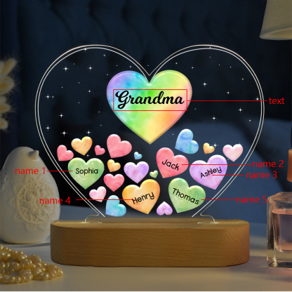 À Maman/Mamie - Lampe de chevet LED Cœurs 5 Prénoms Personnalisés avec 1 Texte