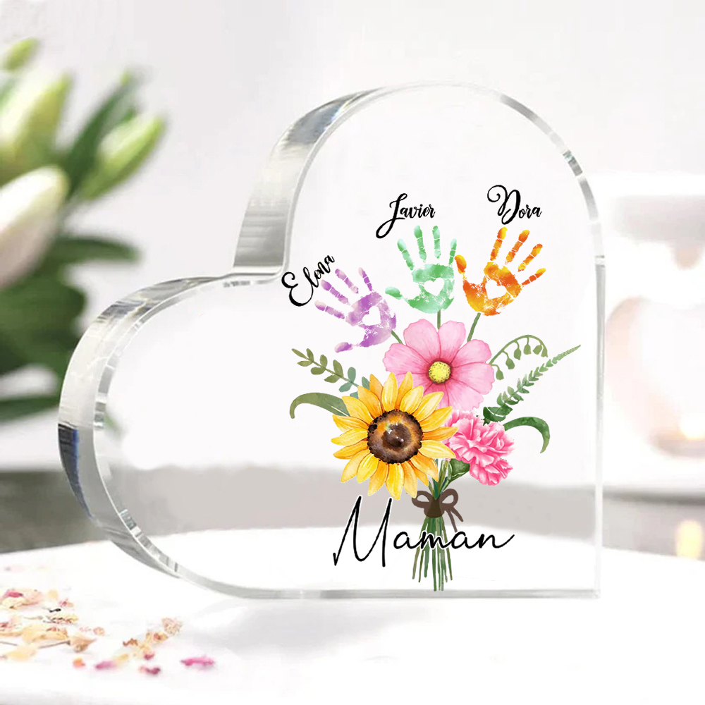À ma Maman - Plaque Acrylique en Forme de Cœur fleurs 3 Prénoms Personnalisés