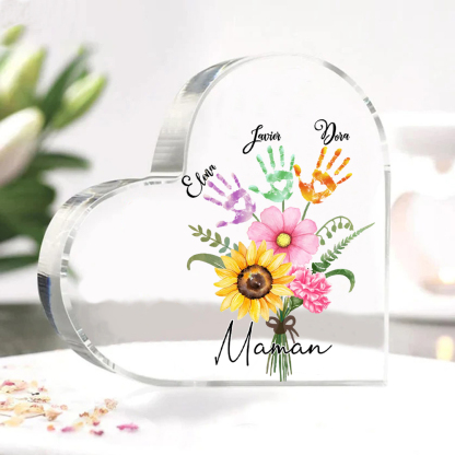 À ma Maman - Plaque Acrylique en Forme de Cœur fleurs 3 Prénoms Personnalisés