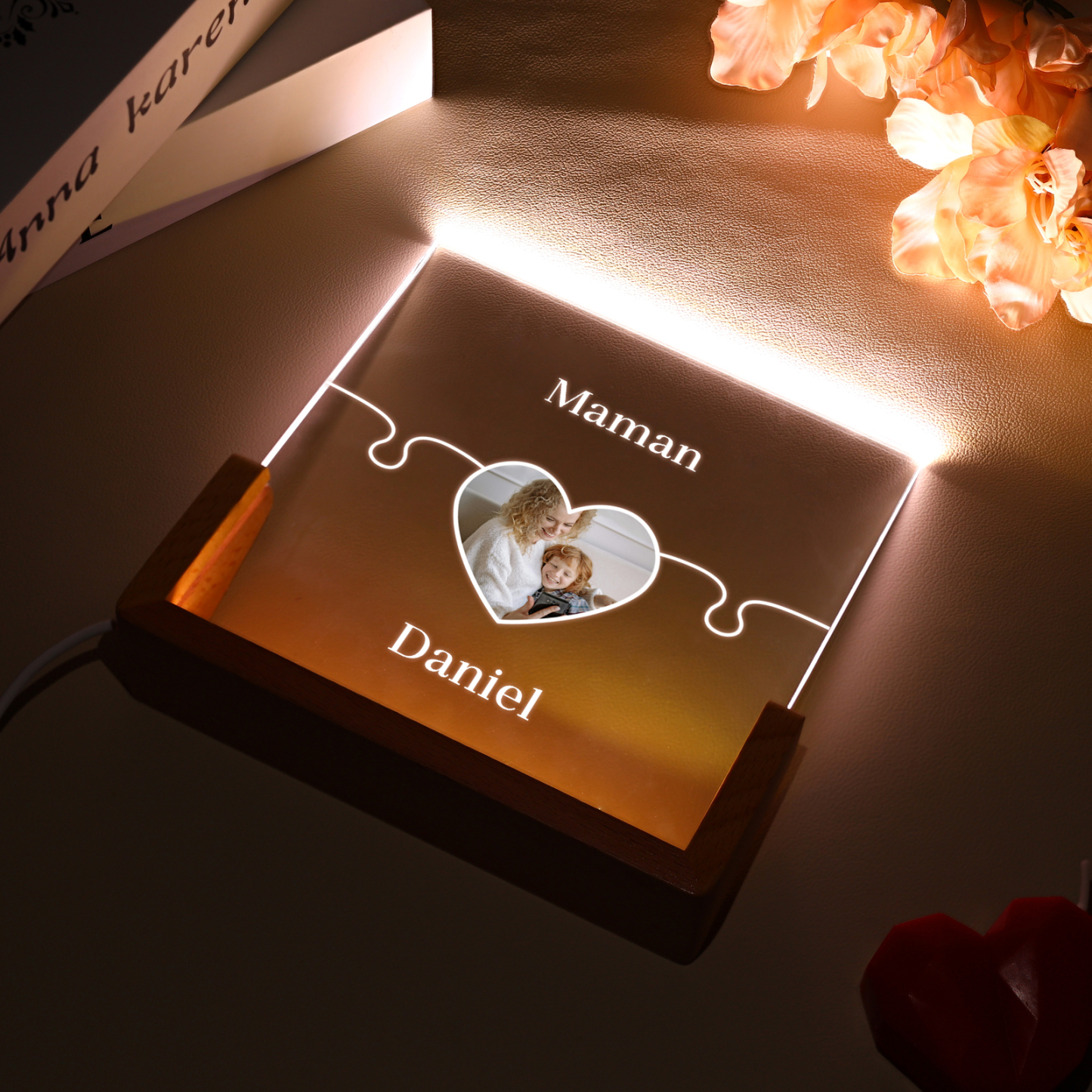 Lampe de chevet LED Puzzles 2 Prénoms Personnalisés avec Photo pour Famille