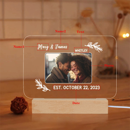 Lampe de chevet LED Lumières 2 Prénoms et 1 Photo Personnalisés avec Texte et Date pour Couple