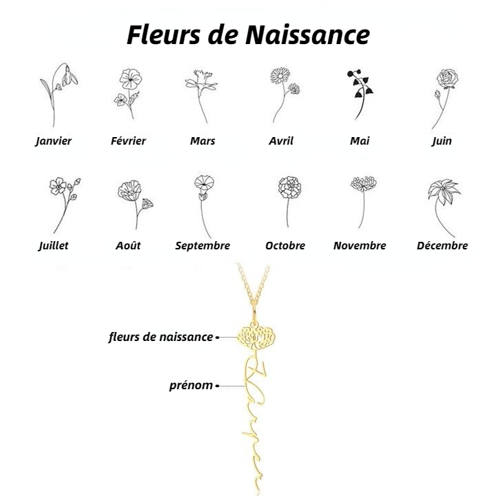 Collier prénom personnalisé 12 fleurs de naissance
