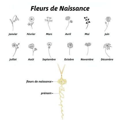 Collier prénom personnalisé 12 fleurs de naissance