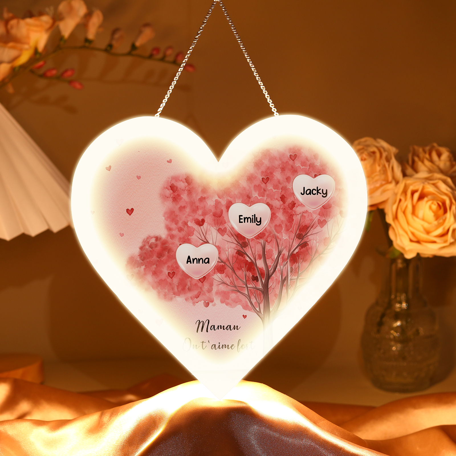 À Maman/Mamie - Veilleuse Cœur Arbre Décoration 3 Prénoms Personnalisés avec 1 Texte