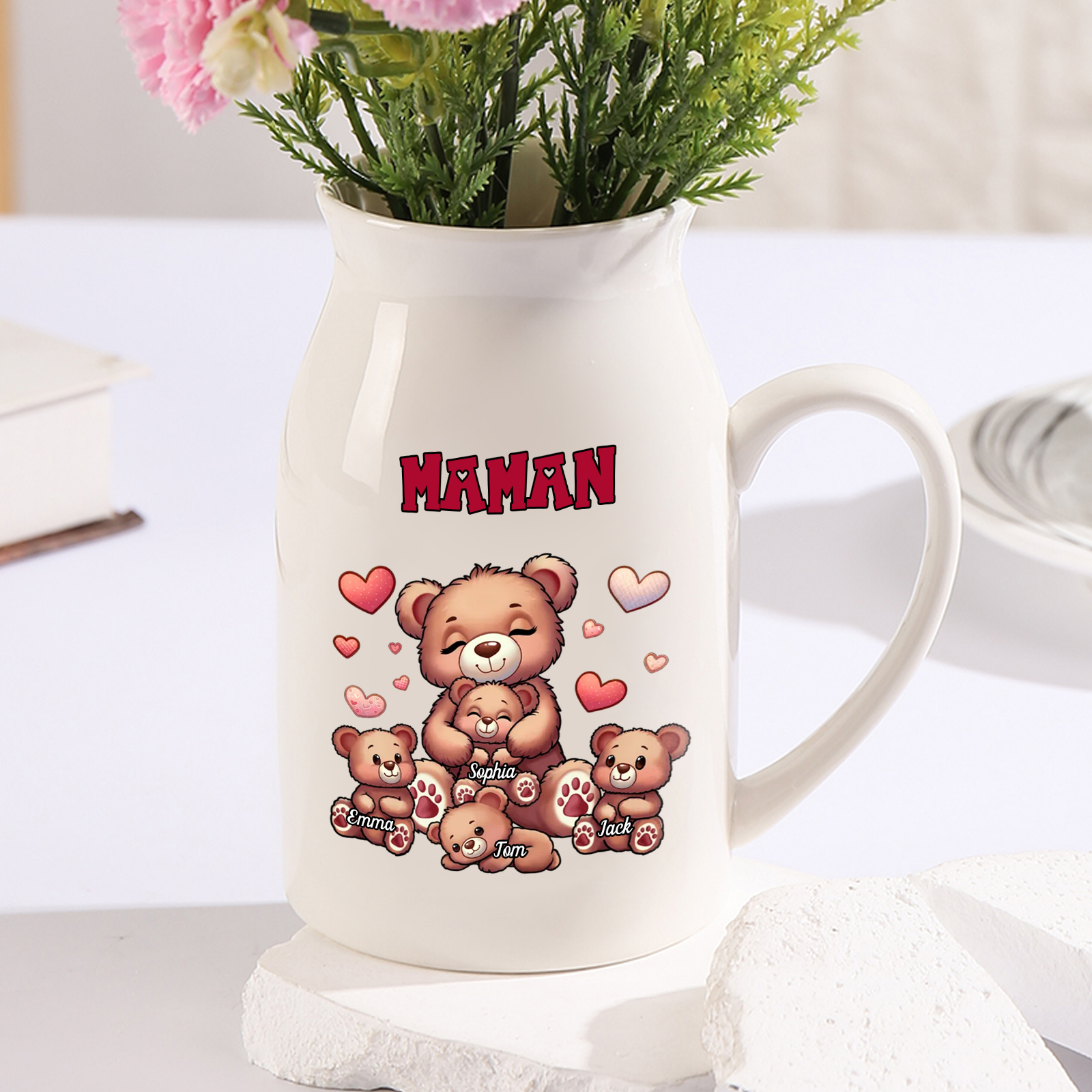 Vase à Fleurs Ours 4 Prénoms Personnalisés avec Texte Décoration de la Maison