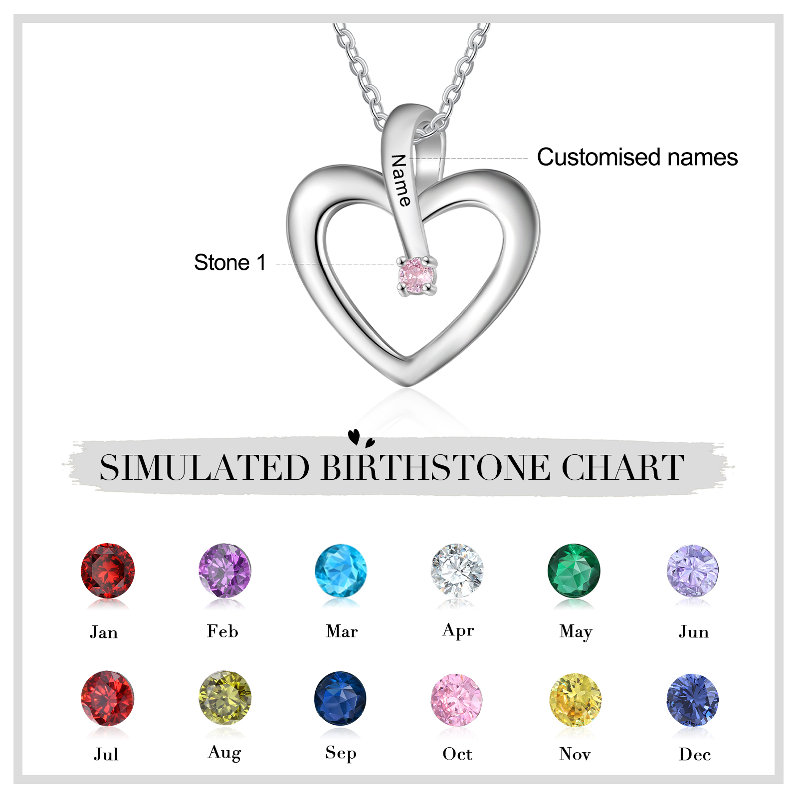 Collier Coeur 1 Prénom Personnalisé avec 1 Pierre de Naissance
