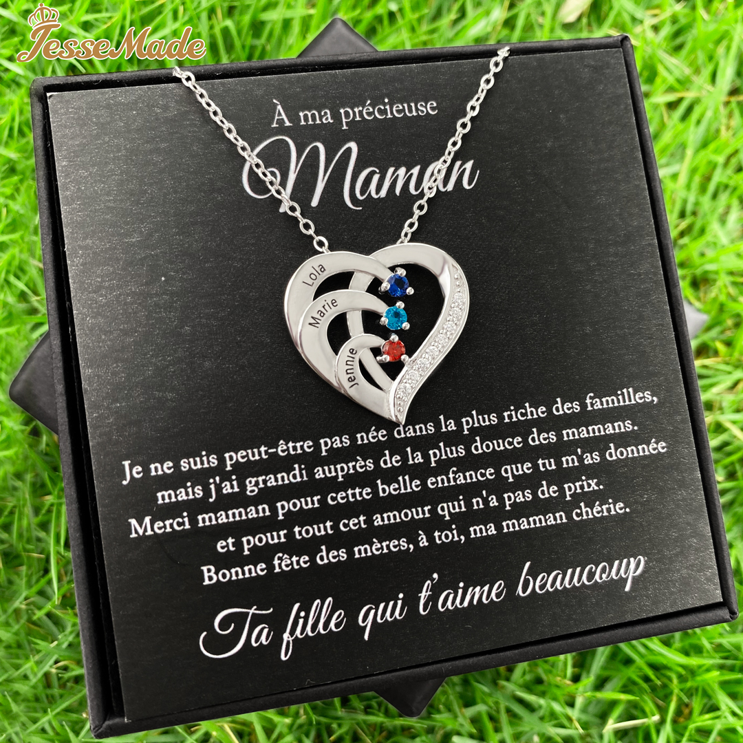 Collier Prénom Personnalis cœur en Argent 925 3 Prénoms 3 pierre de naissance
