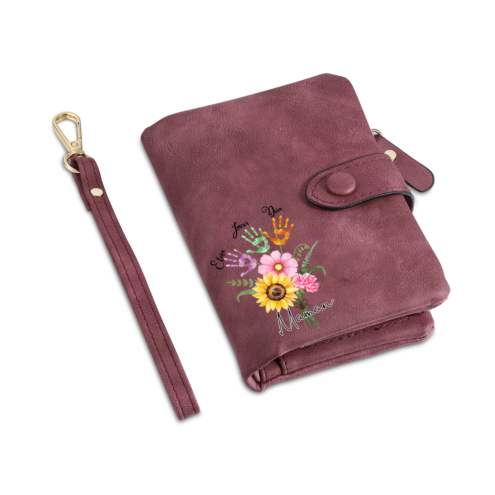 Portefeuille Fleurs 3 Prénoms et 1 Texte Personnalisés Porte-Monnaie Carte pour Femmes