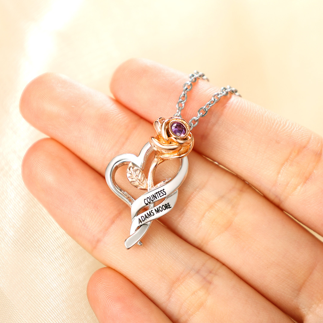 Collier rose 2 Prénom Personnalisé avec pierre de naissance