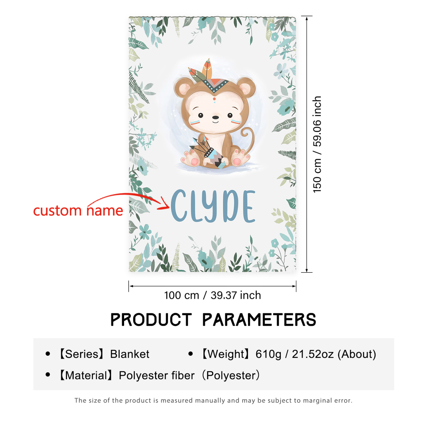 Couverture plaids polaire singe 1 Prénom Personnalisé pour enfant