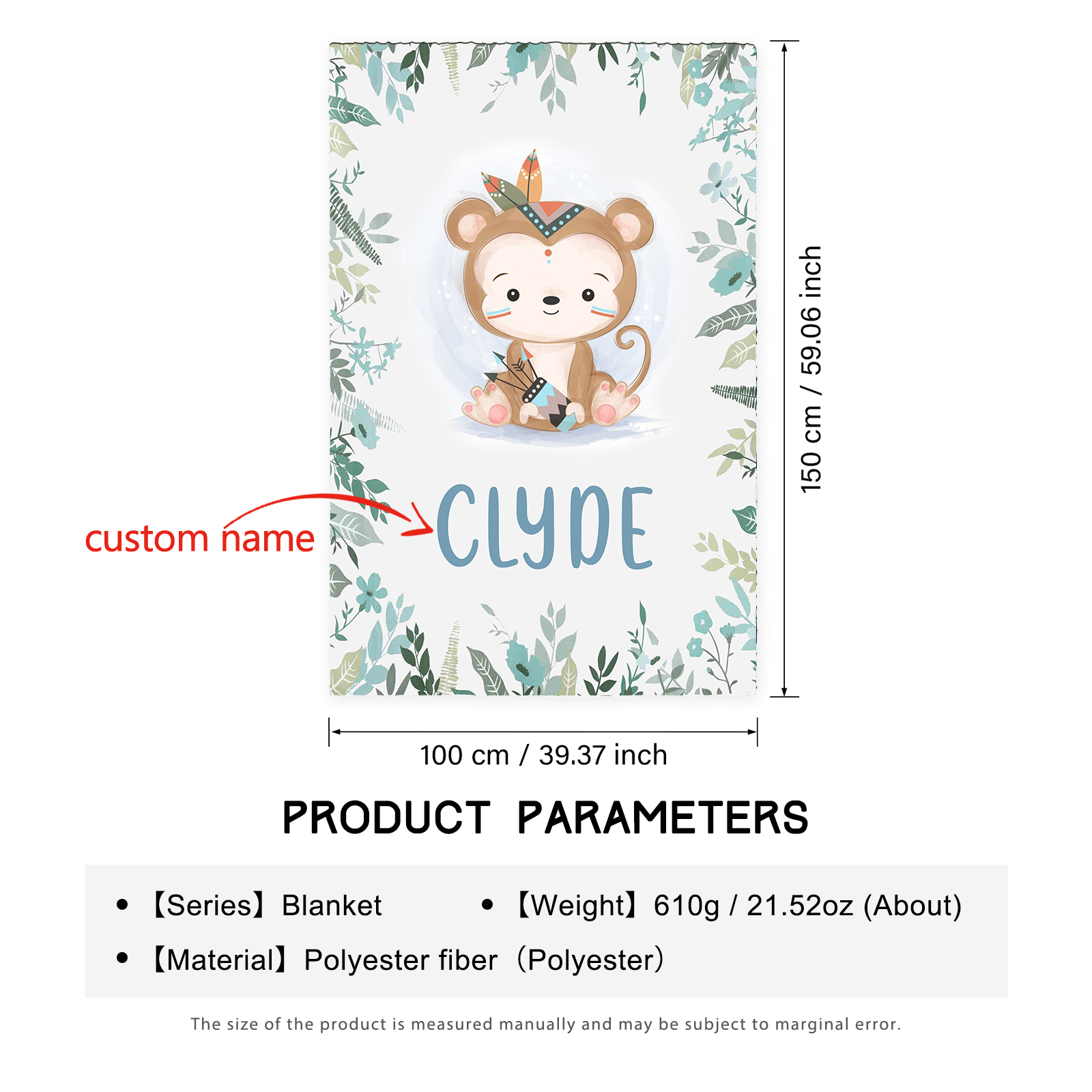 Couverture plaids polaire singe 1 Prénom Personnalisé pour enfant