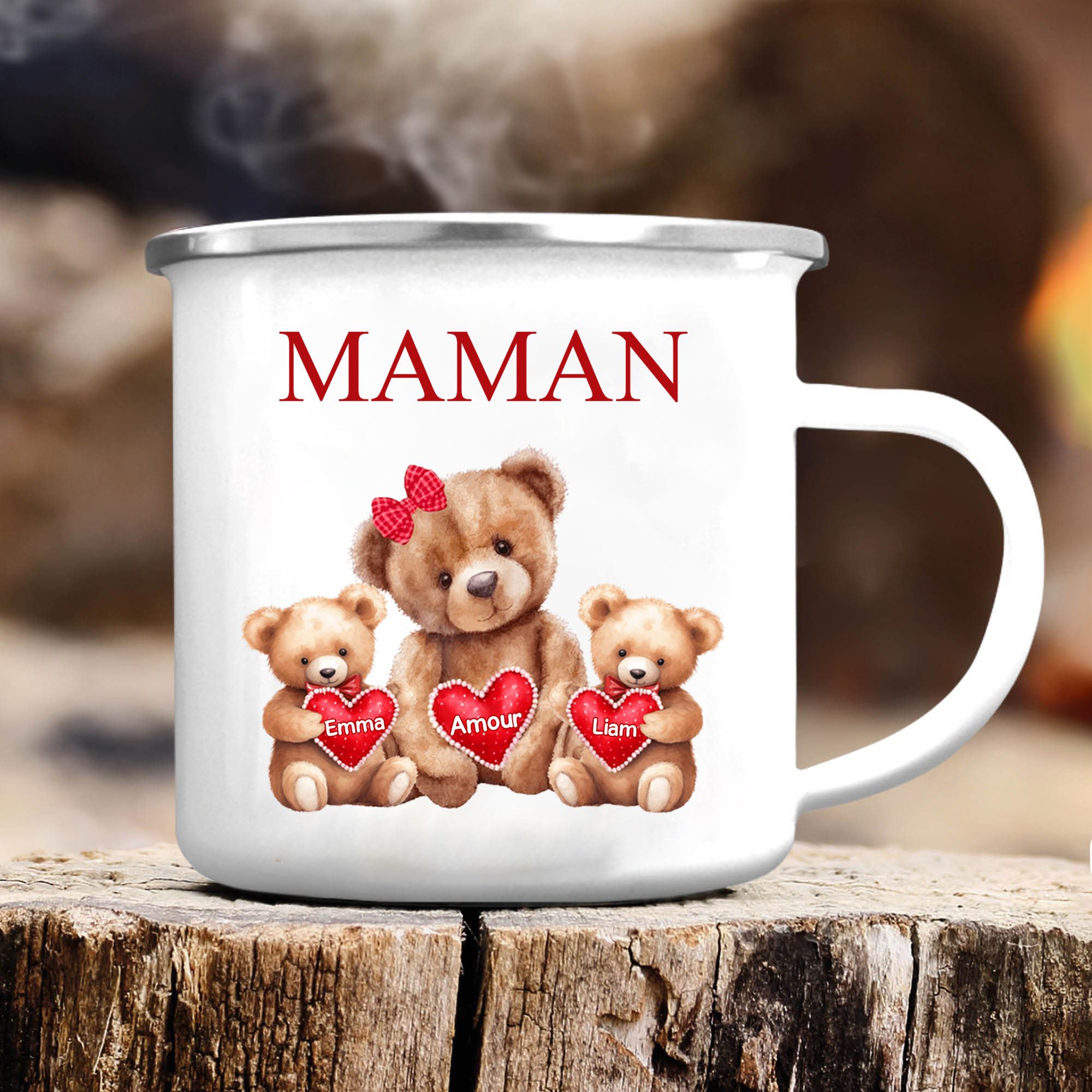 À Maman/Mamie - Tasse émaillée Ours 2 Prénoms Personnalisés