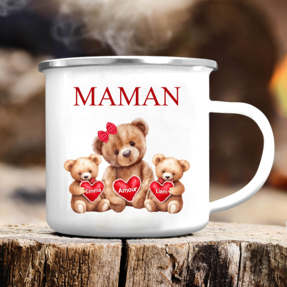 À Maman/Mamie - Tasse émaillée Ours 2 Prénoms Personnalisés