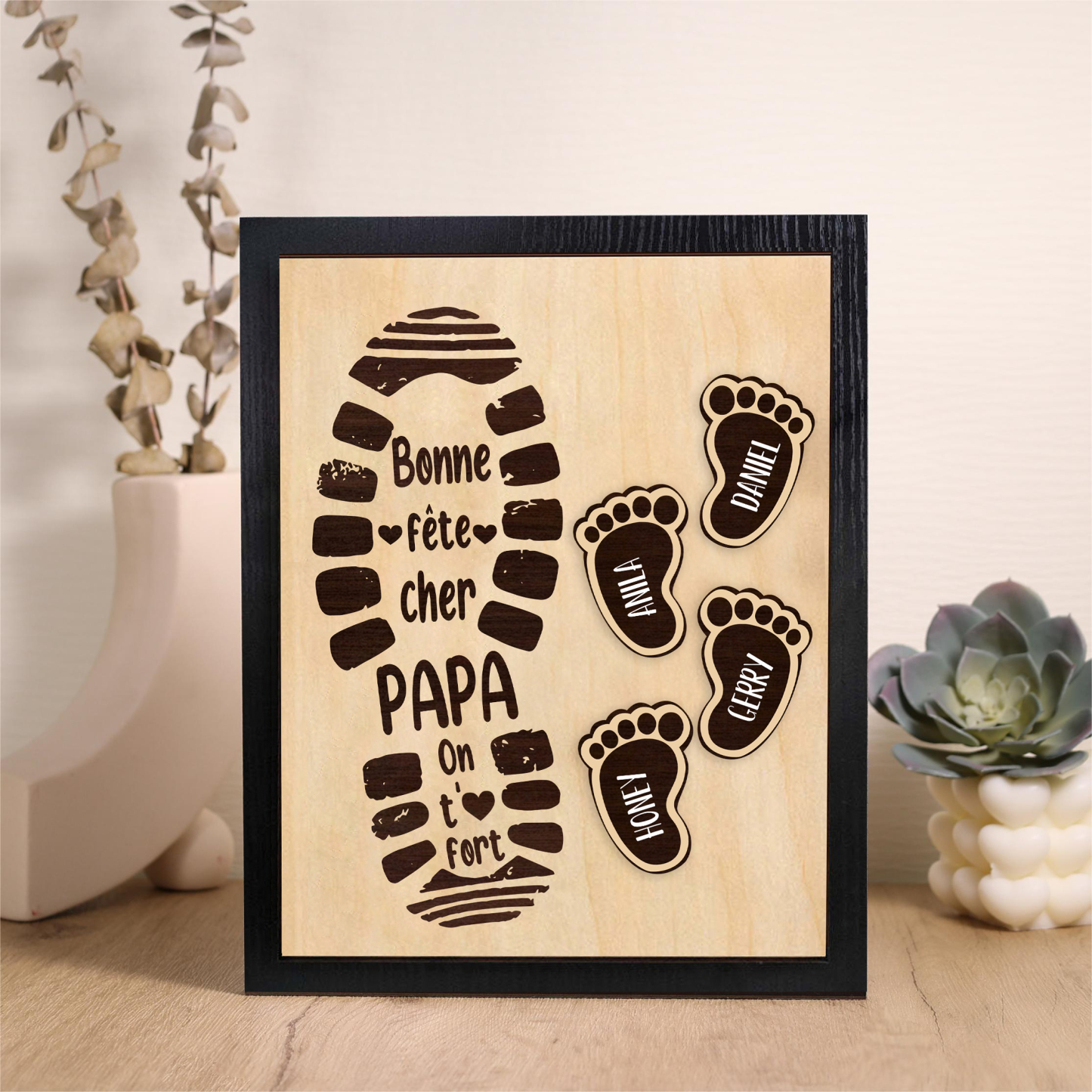 À Mon Papa-Cadre en Bois Pieds Bébé 4 Prénoms Personnalisés