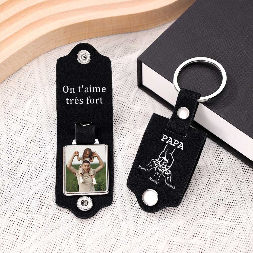 À mon Papa - Porte-Clés Cuir Poings 3 Prénoms Personnalisés avec Photo et Texte