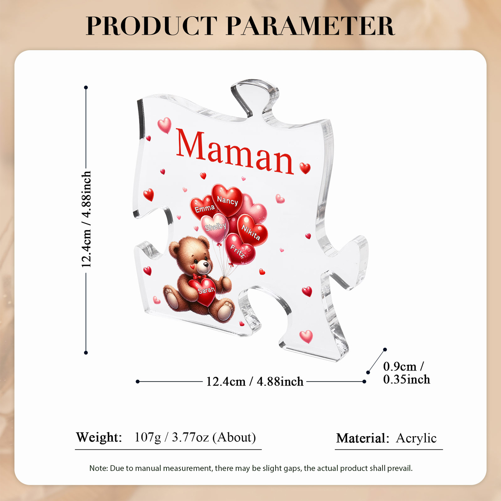 Plaque Acrylique en forme de Puzzle Ours 6 Prénoms et 1 Texte Personnalisés