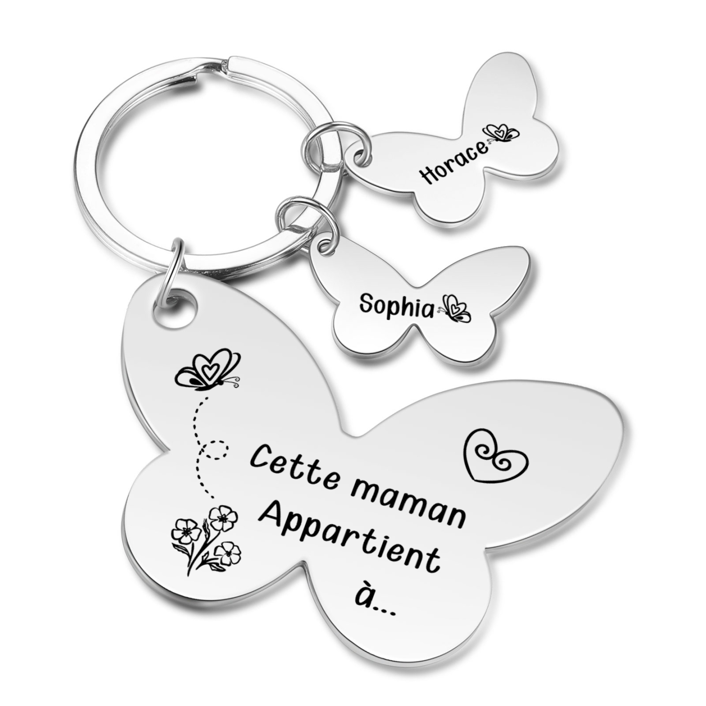 À Maman/Mamie - Porte-Clés Papillon 2 Prénoms Personnalisés avec Texte