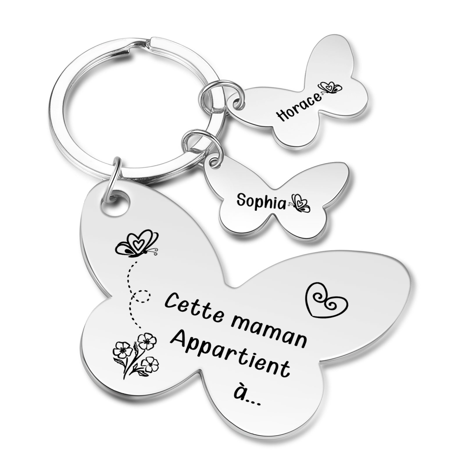 À Maman/Mamie - Porte-Clés Papillon 2 Prénoms Personnalisés avec Texte