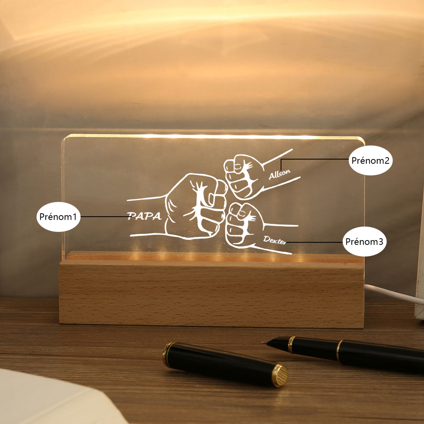 À mon Papa/Papi- Lampe de chevet LED Poings 3 Prénoms Personnalisés