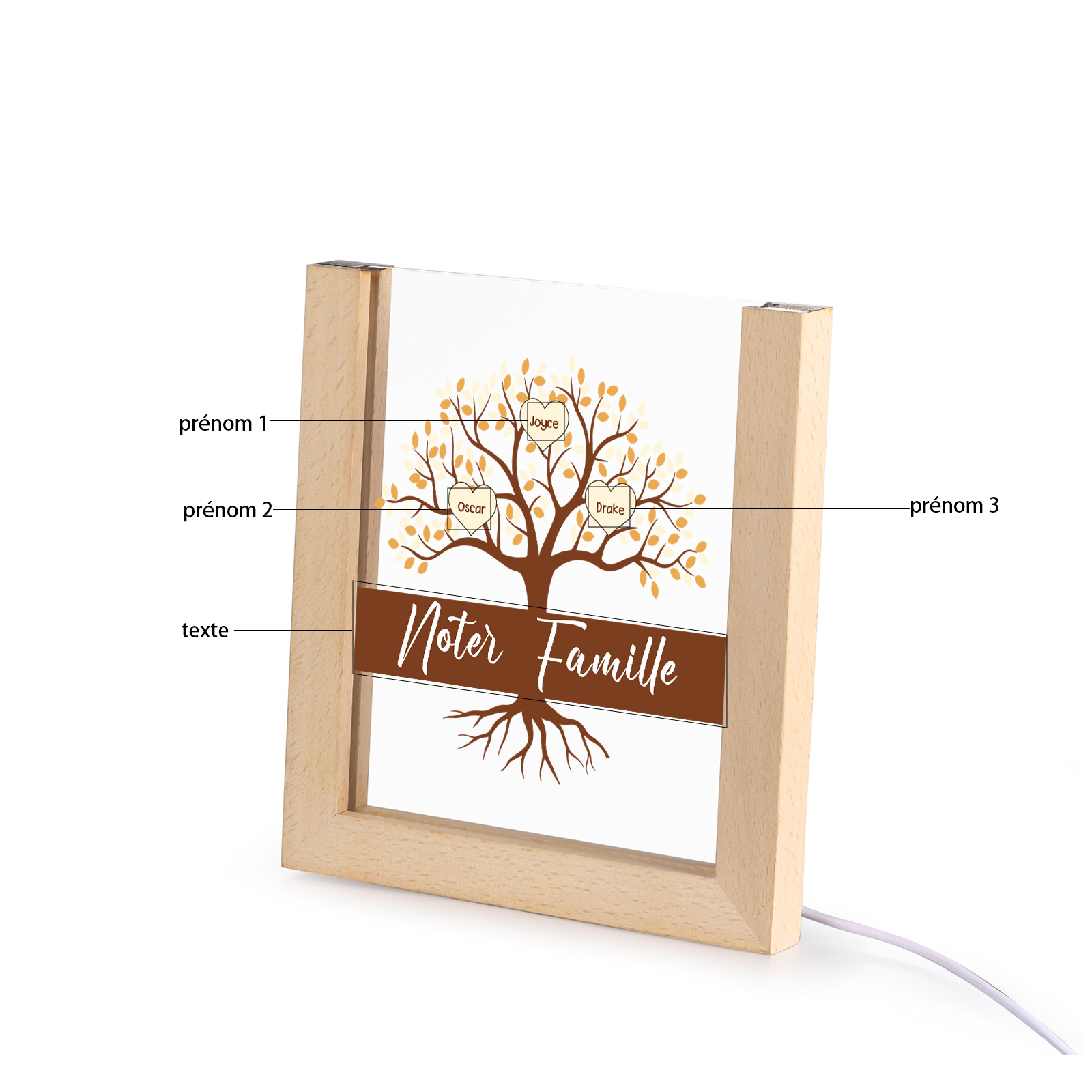 À Maman/Mamie - Lampe de chevet LED Arbre 3 Prénoms Personnalisés avec 1 Texte