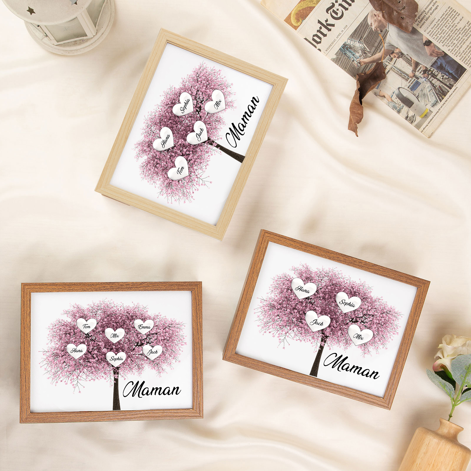 Cadre Photo LED Arbre de Vie 6 Prénoms et 1 Texte Personnalisé Décoration Famille