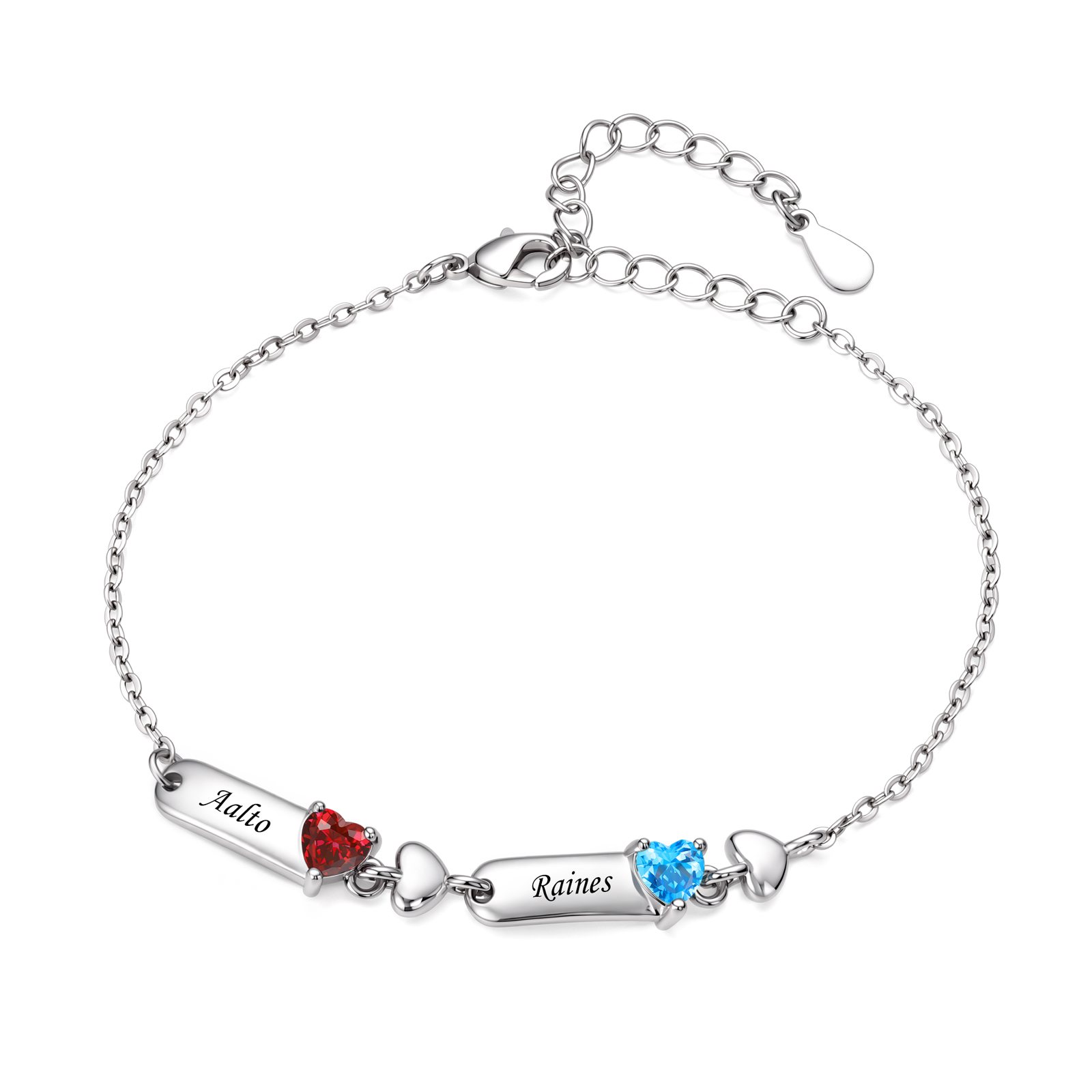 Bracelet Personnalisé avec 1 à 6 Prénoms et Pierres de Naissance en Forme de Cœur – Chaîne Fine Élégante