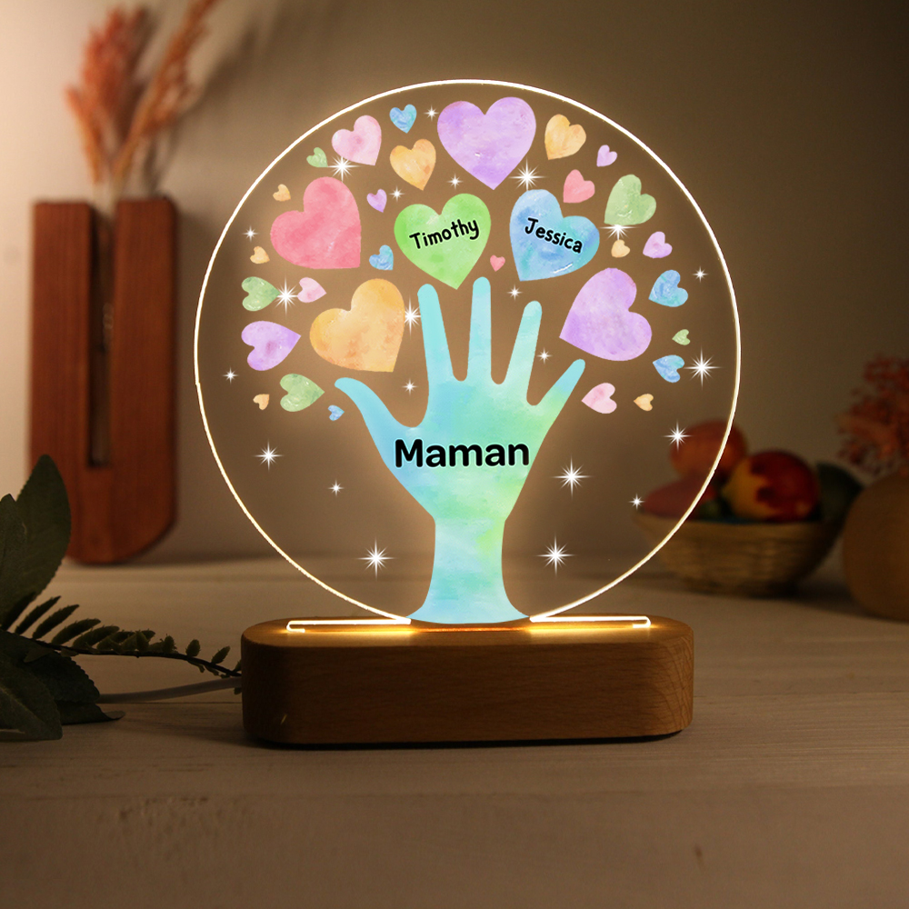 À Maman/Mamie - Lampe de chevet LED Lumières Cœur 2 Prénoms Personnalisés avec 1 Texte pour Famille