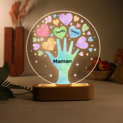 À Maman/Mamie - Lampe de chevet LED Lumières Cœur 2 Prénoms Personnalisés avec 1 Texte pour Famille