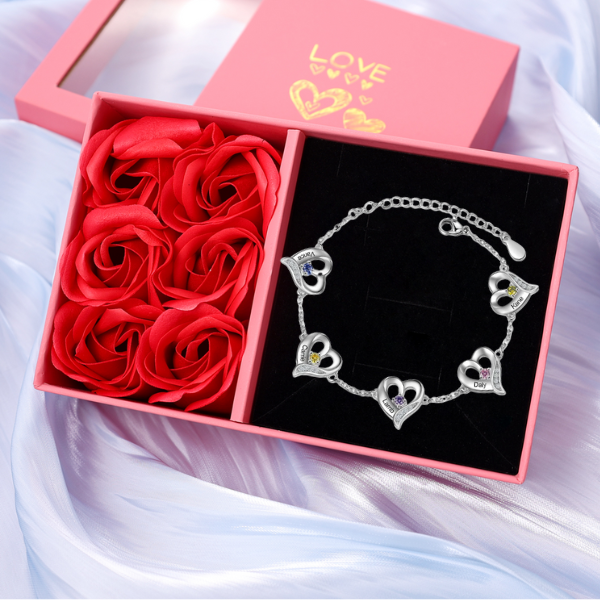 Bracelet Cœur gravé 1-7 Prénoms Personnalisés avec Pierres de Naissance